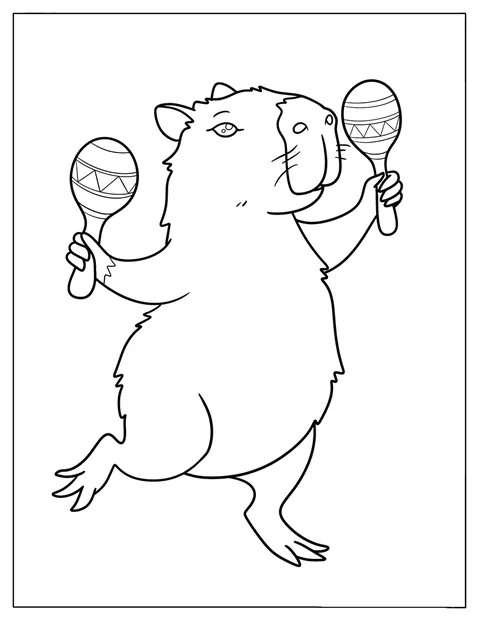 Mit Maracas in den Pfoten tanzt ein Wasserschwein fröhlich.