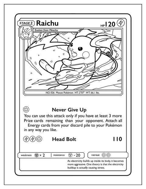 Et Pokémon-kort viser et nærbilde av Raichus hode.