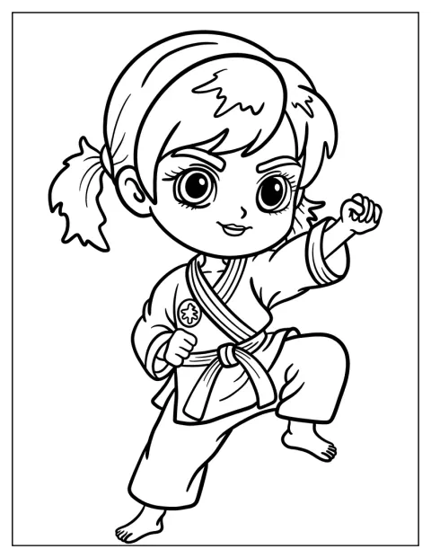 Een chibi-karatemeisje staat klaar in een vechthouding.