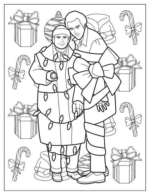 Marv e Harry estão enrolados em decorações de Natal dentro de casa.