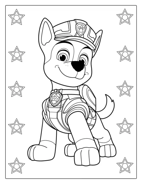 Chase från Paw Patrol står tillsammans med polisbrickor.