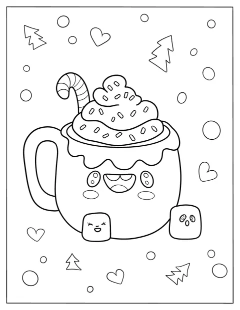 Een schattige chocoladefrappé is versierd met marshmallows en strooisels.
