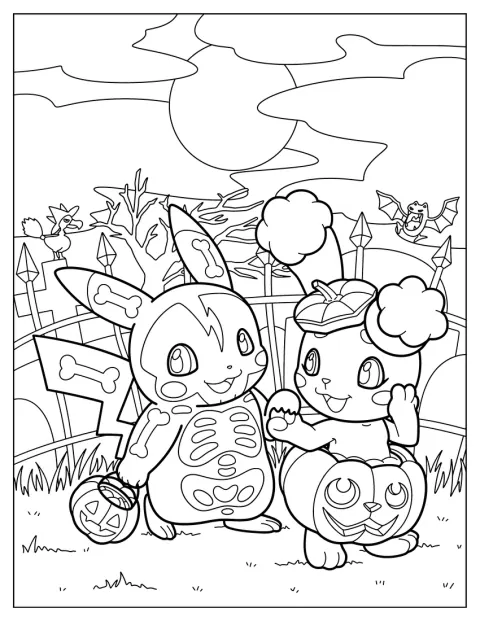Pikachu és Buneary Halloween-jelmezben édességet gyűjt.