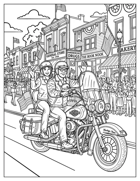 Harley Davidson -moottoripyörien kulkue kulkee pikkukaupungin kaduilla.