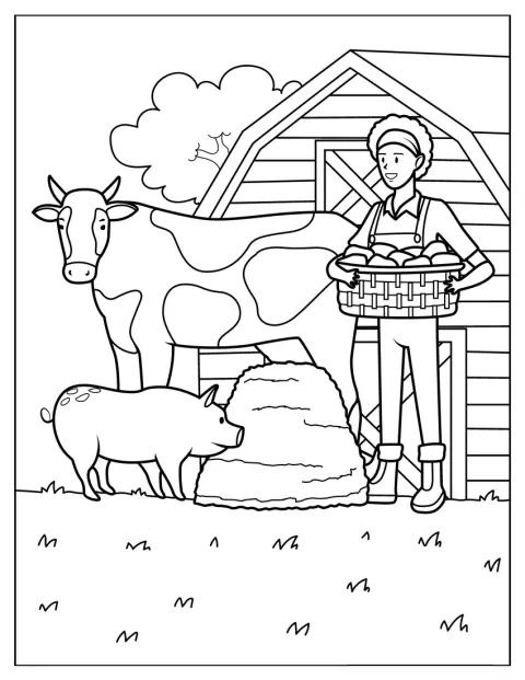 Ein Bauer steht neben einem Schwein und einer Kuh.