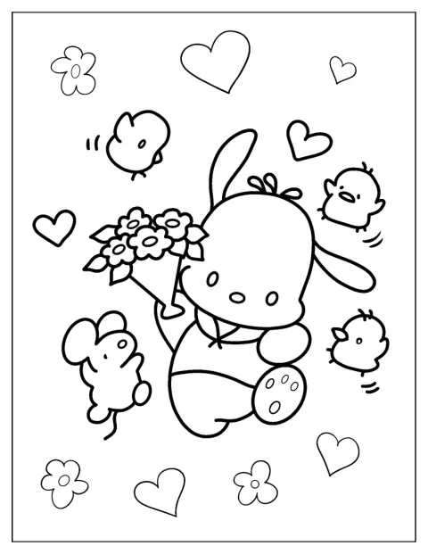 Pochacco sostiene un ramo de flores junto a Choppy y unos pollitos.