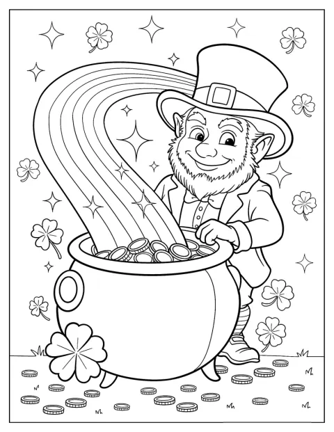 レプラコーンが虹のたもとで、金貨の壺を抱えています。