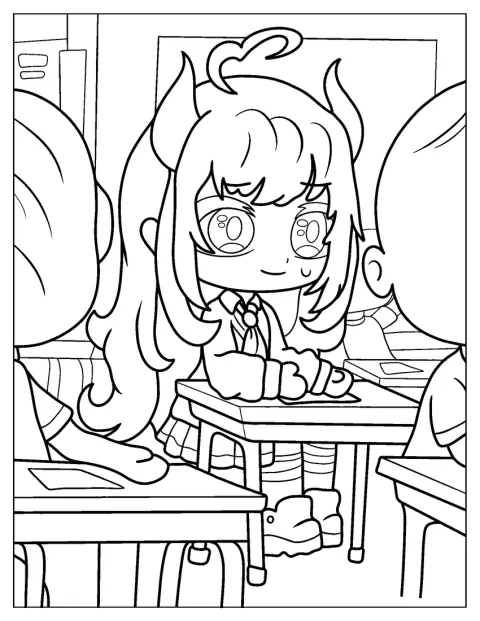 Ein Gacha-Life-Mädchen sitzt im Klassenzimmer der Highschool.