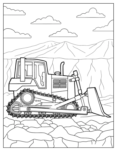 En realistisk bulldozer samlar upp jord med skopan.