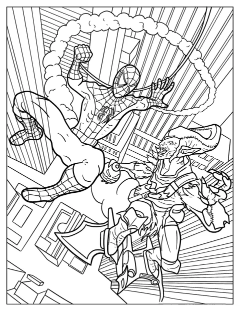 Ve vzduchu nad městem svádí Spider-Man souboj s Green Goblinem.