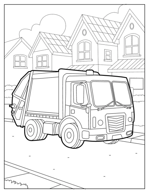 細部まで描かれたゴミ収集車が、住宅街の家々の前に停車しています。