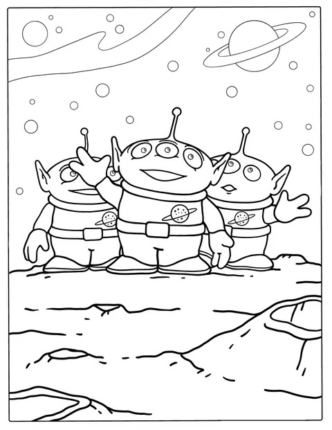 Os pequenos aliens de Toy Story aparecem juntos, com os seus grandes olhos.