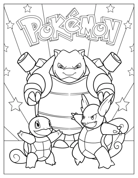 Blastoise, Wartortle och Squirtle visas tillsammans på en Pokémon-affisch.