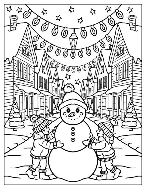Sous des guirlandes lumineuses, deux filles construisent un bonhomme de neige dans une ville enneigée.