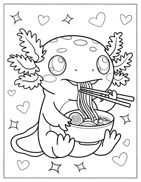 Un axolotl savurează un bol de ramen.
