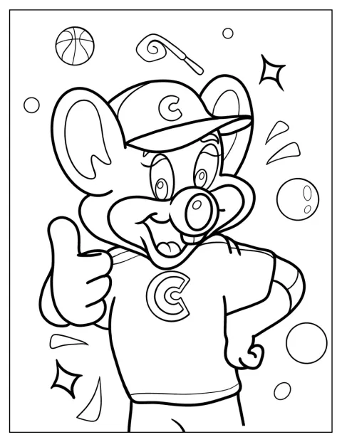 Chuck E. Cheese står som en enkel kontur.