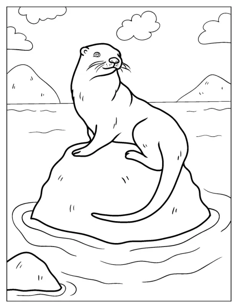Realistic Otter Coloring Page Sitting On Rock