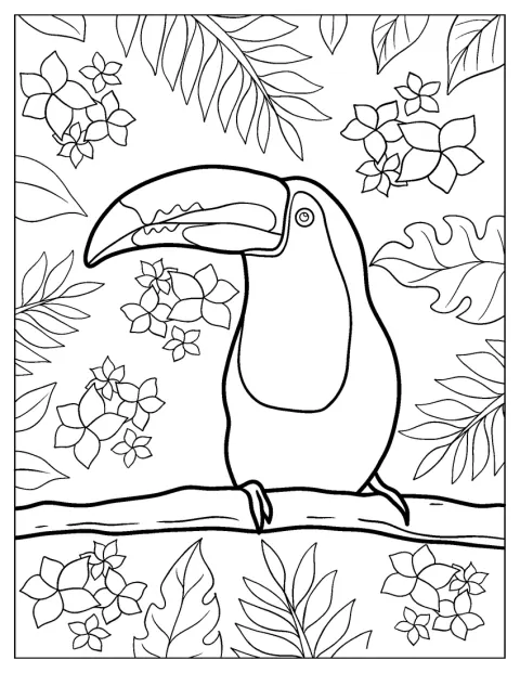 Flores e folhas rodeiam um tucano de traços simples.