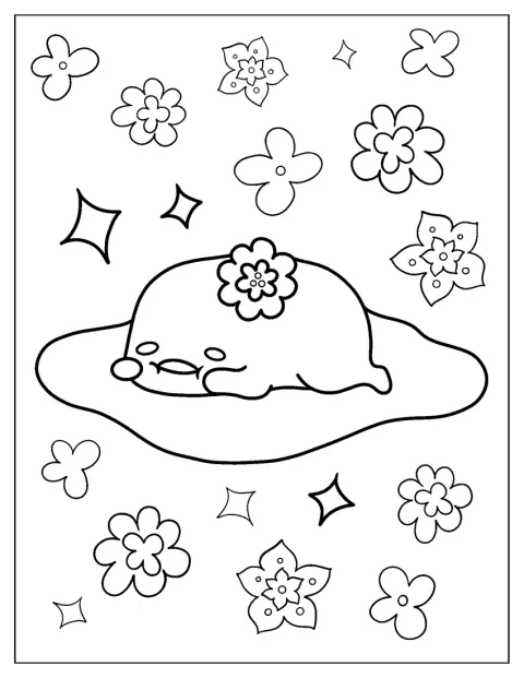 Gudetama ist als einfache Kontur neben einer Blume zu sehen.