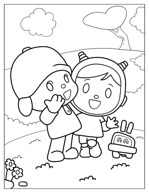 Pocoyo, Nina e Roberto riem juntos numa cena alegre.