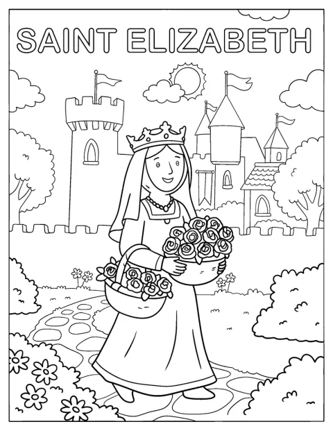 Santa Isabel pasea con rosas por el jardín de un castillo.