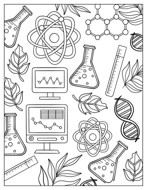Atomi, becher, provette, computer e filamenti di DNA riempiono la scena.