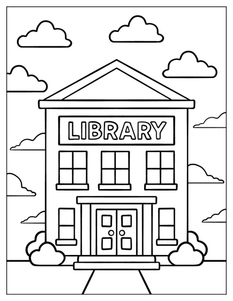 Vor einem Bibliotheksgebäude mit großem Schild führen Stufen zum Eingang, während Wolken am Himmel ziehen.