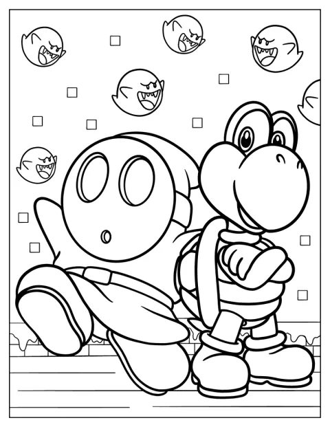 Koopa Troopa staat naast Shy Guy.