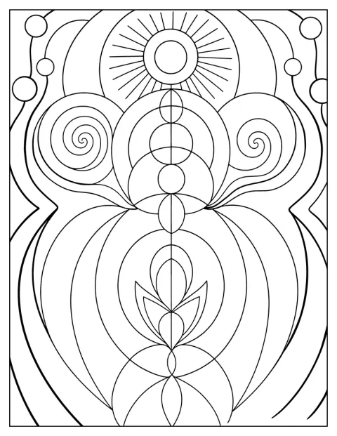 Aurinko, spiraalit ja lootus yhdistyvät symmetrisessä geometrisessa sommitelmassa.