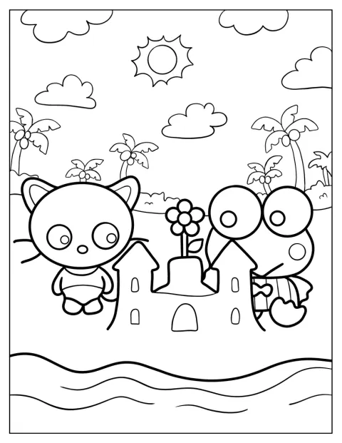 A parton Chococat és Keroppi együtt épít homokvárat.