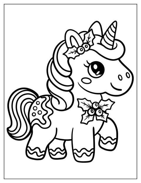 Un unicornio lleva hojas de acebo como adorno navideño.