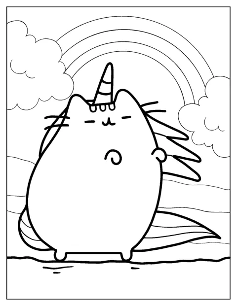 Pusheen, como gato unicórnio, posa junto de um arco-íris.