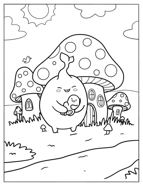 Un monstre souriant se tient devant plusieurs maisons en forme de champignon.