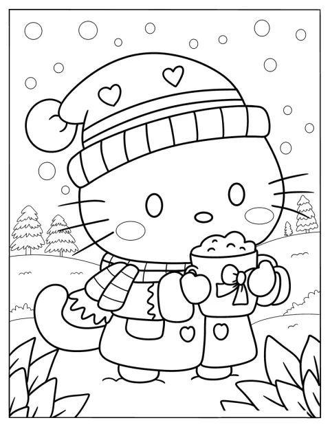 Hello Kitty siemailee kaakaota lumisessa maisemassa.
