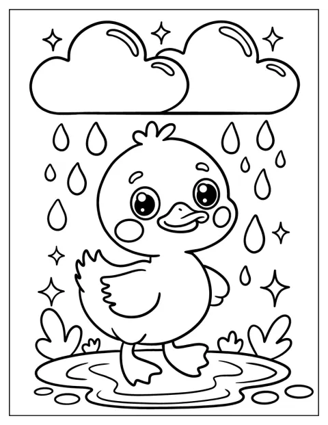 Un patito juega bajo la lluvia mientras lo cubren grandes nubes.