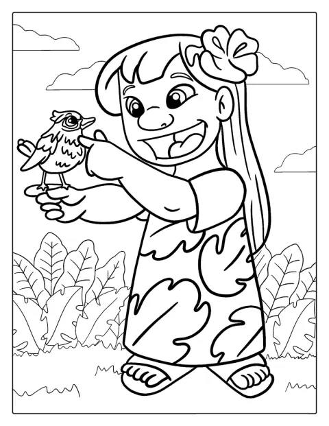 Lilo Holding a Baby Bird Coloring Page