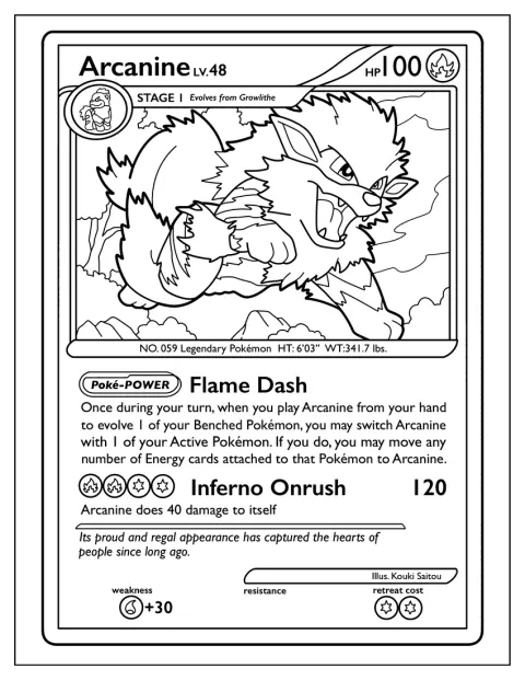 Arcanine se avântă printre flăcări pe cartea Pokémon.