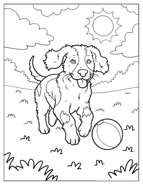 Un cucciolo di English Setter corre al sole dietro a una palla.