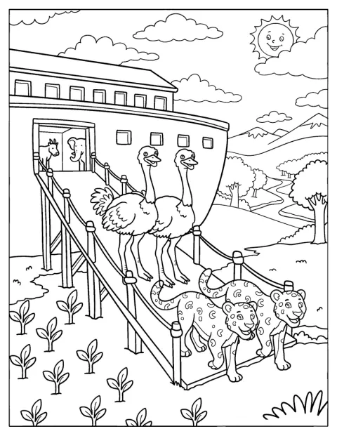 En struts og en jaguar går ut av Noahs ark.