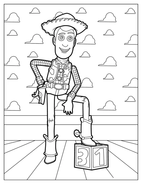 Woody seriff egyik lábát egy ábécékockára támasztja.