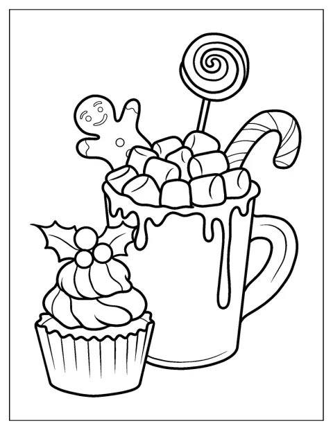 Horká čokoláda s toppingem stojí vedle vánočního cupcaku.