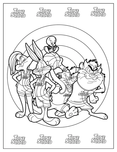 Lola Bunny, Snurre Sprätt, Tweety, Sylvester och Taz spelar tillsammans i Tune Squad.