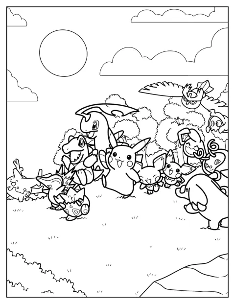 Skupina veselých Pokémonů pózuje společně.