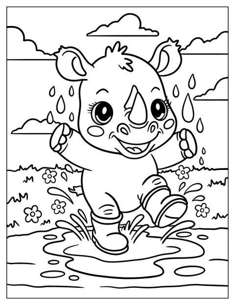 長靴を履いたサイが、水たまりに入って楽しそうに遊んでいます。
