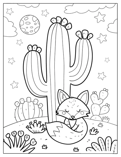 Un zorro duerme a la sombra de un cactus saguaro florido.