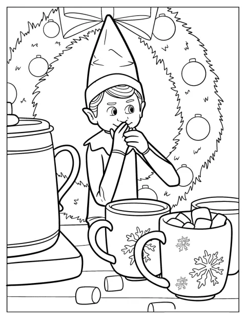Elf on the Shelf sorseggia cioccolata calda con marshmallow in una tazza.