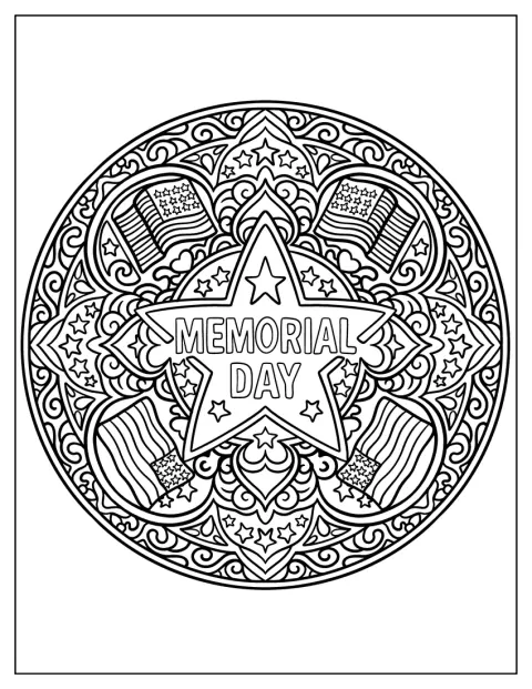 Memorial Day Coloring Page of Star Mandala with American Flags and Swirling Patterns