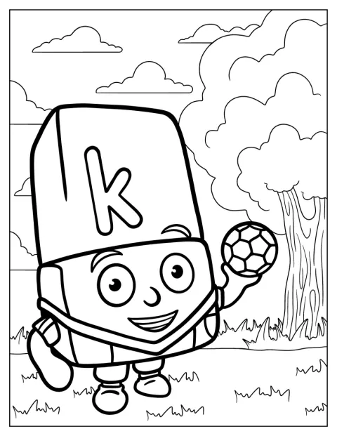 El personaje Alphablock K sostiene una pelota en medio de un campo.