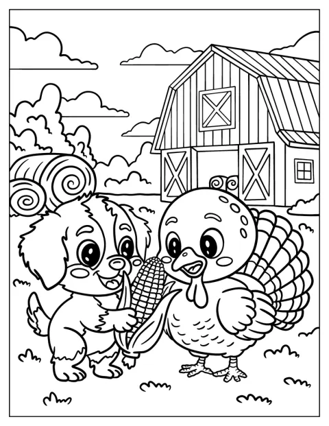 Op de boerderij delen een schattige puppy en een kalkoen een maïskolf.