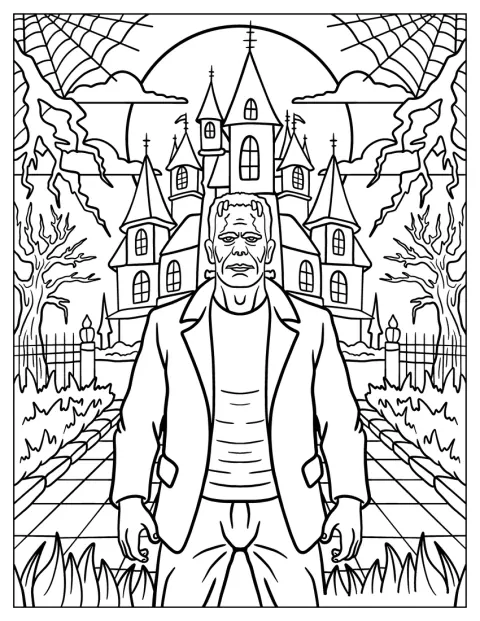 Frankenstein está de pie frente a un castillo encantado.